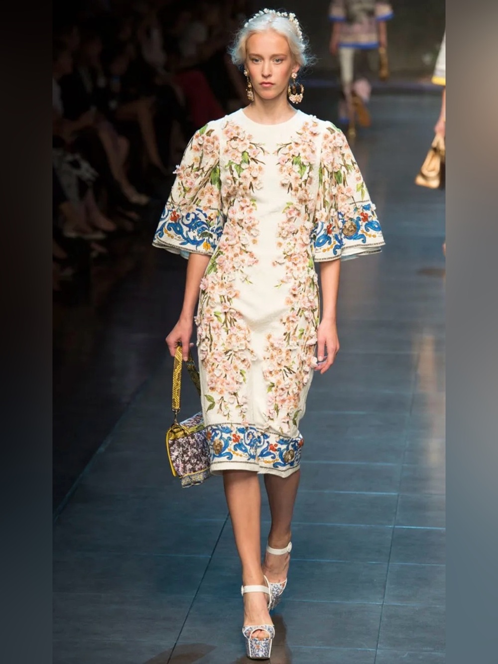 Runway style  dress featuring 3D blossom appliqués size L